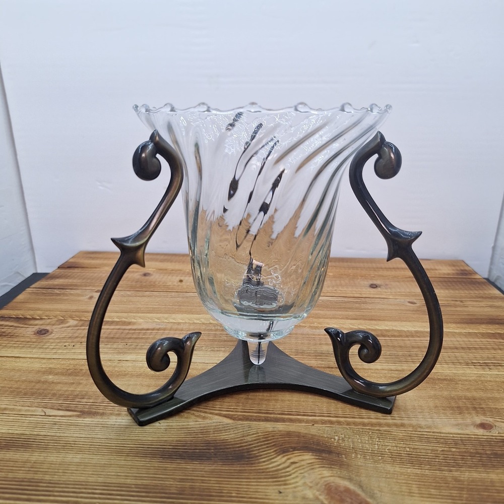 PartyLite Antique Bronze Scroll Candle Holder Clear Swirl Glass 6x6x6